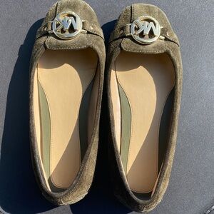 Michael Kors Olive Green Suede Loafers with Gold Logo